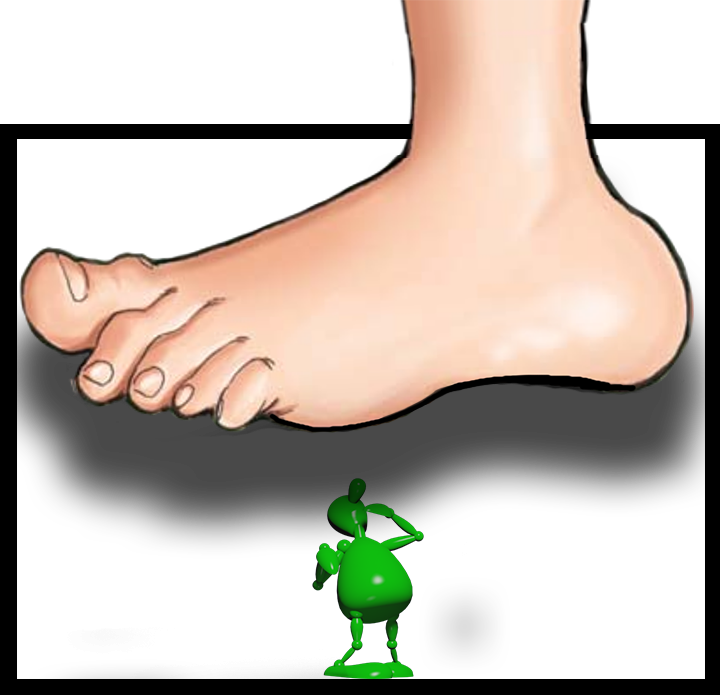 Big foot hovering over person: cartoon