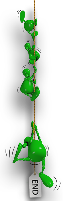People clambering down rope: cartoon