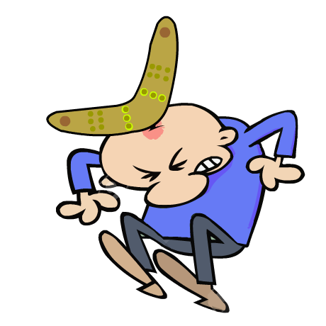 Boomerang returning and hitting thrower on the head - cartoon