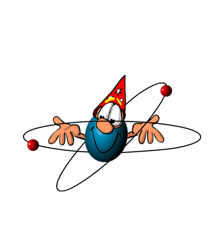 cartoon of an atom wearing a magician's hat