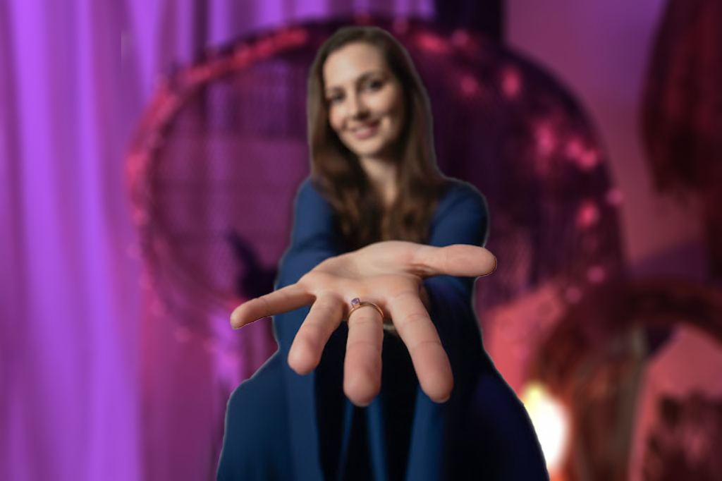 A woman holding out her open hand