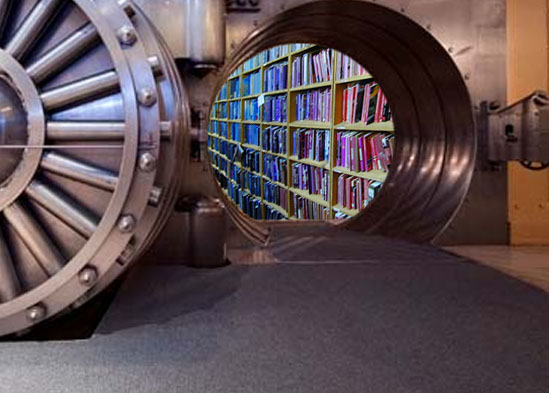 A bank vault opening onto a library