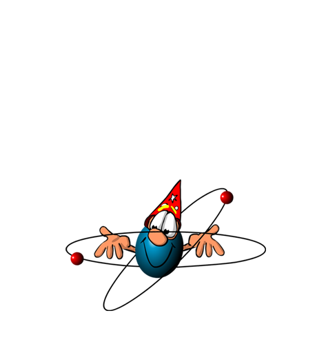 cartoon of an atom wearing a magician's hat